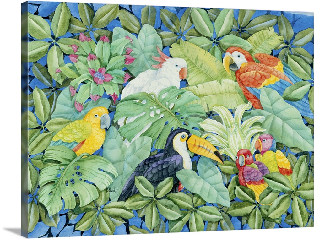 Painting featuring several colorful, tropical birds in a leafy canopy, including a macaw, cockatoo, conure, and toucan.