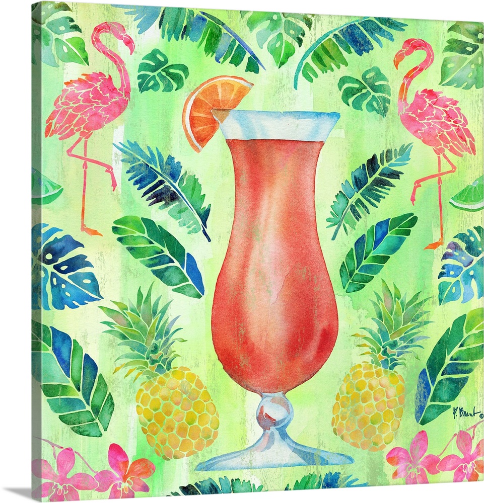 Tropical decor with a large red cocktail in the center surrounded by palm leaves, pineapples, flamingos, and tropical flow...