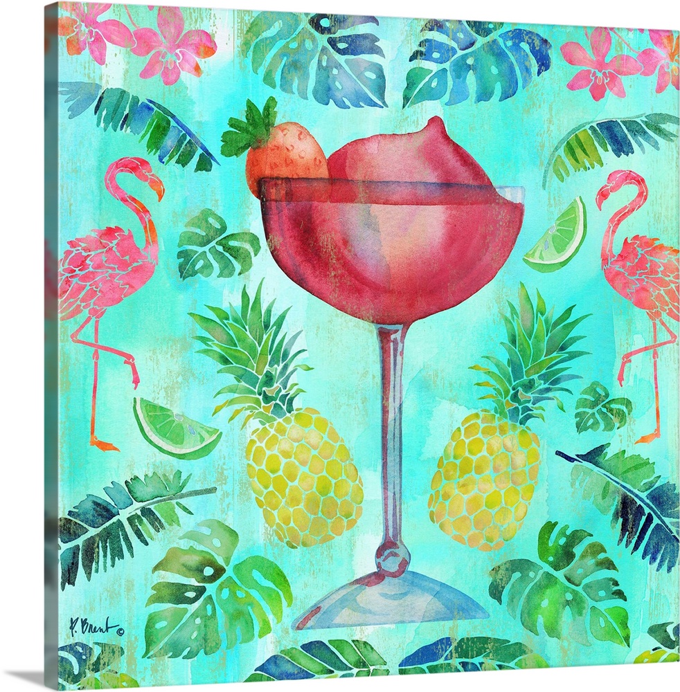 Tropical decor with a large strawberry daiquiri in the center surrounded by palm leaves, pineapples, flamingos, and tropic...