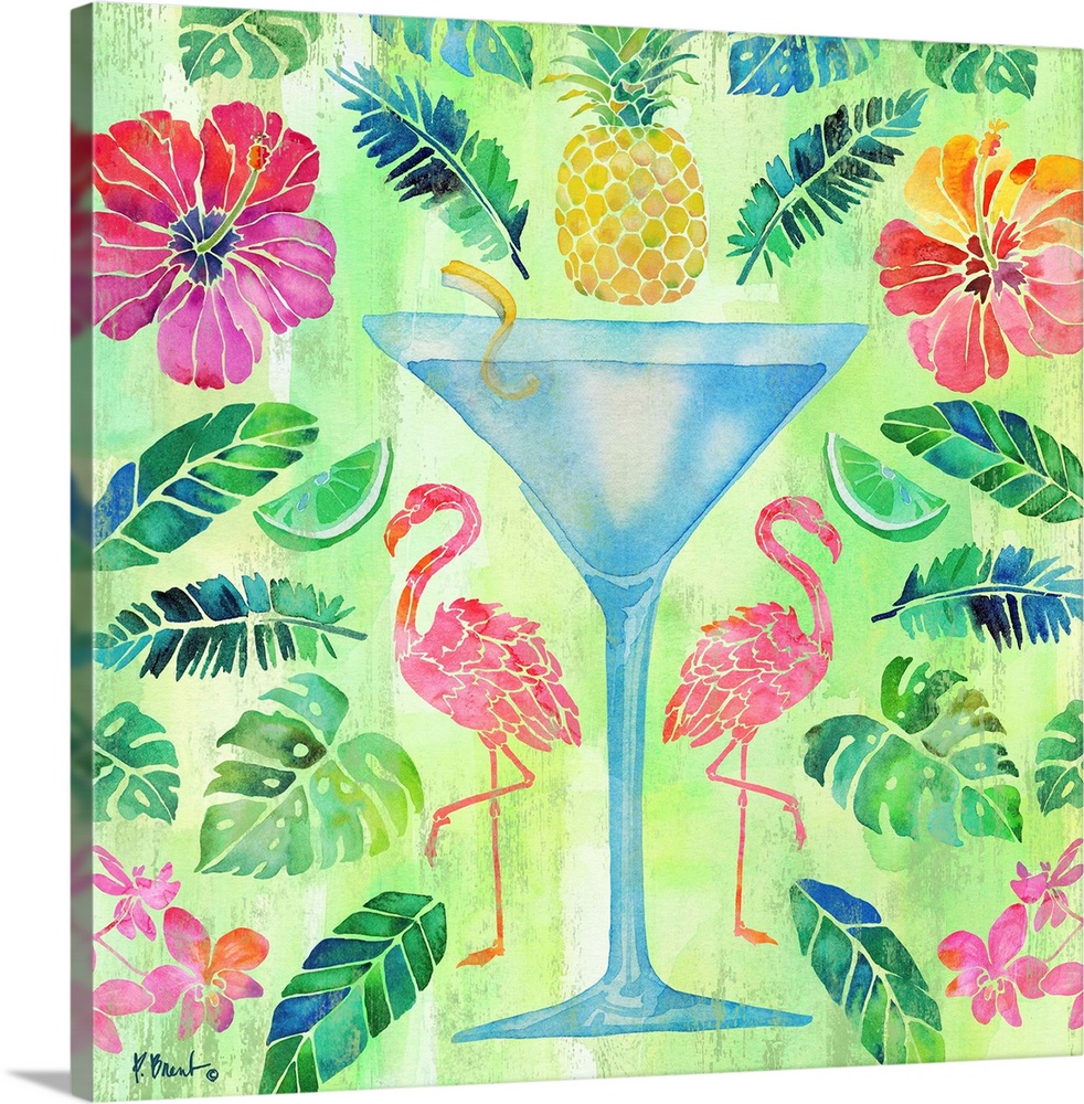 Tropical decor with a large martini in the center surrounded by palm leaves, pineapples, flamingos, and tropical flowers o...