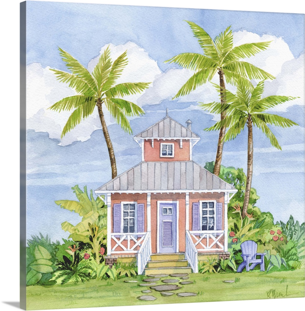 Watercolor painting of a colorful beach cottage, with tropical plants and palm trees.