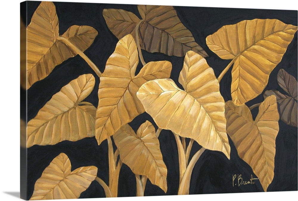 Contemporary painting of several tropical fronds in sepia tones.