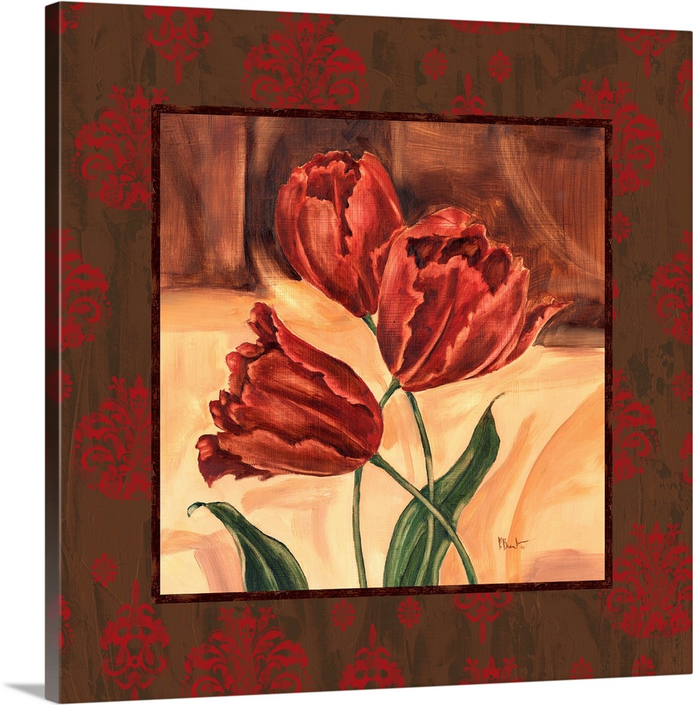 Square painting of three tulips with a border of damask-style flowers.