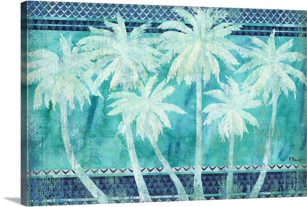 Silhouetted palm trees on a patterned background made with shades of blue.