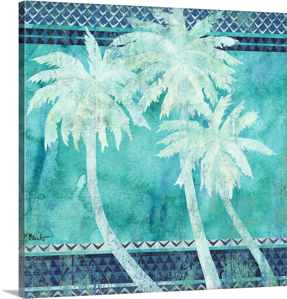 Square decor with three silhouetted palm trees on a patterned background made in shades of blue.
