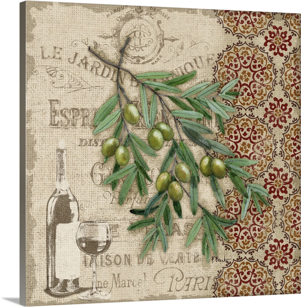 Decorative art of a bunch of olives and a floral pattern on a vintage garden advertisement.