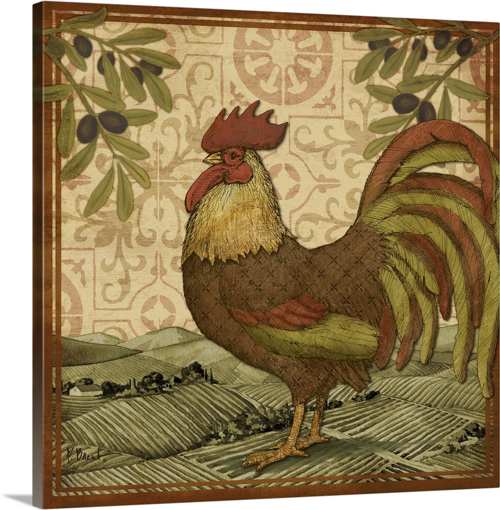 Decorative painting of a rooster in a Tuscan countryside.