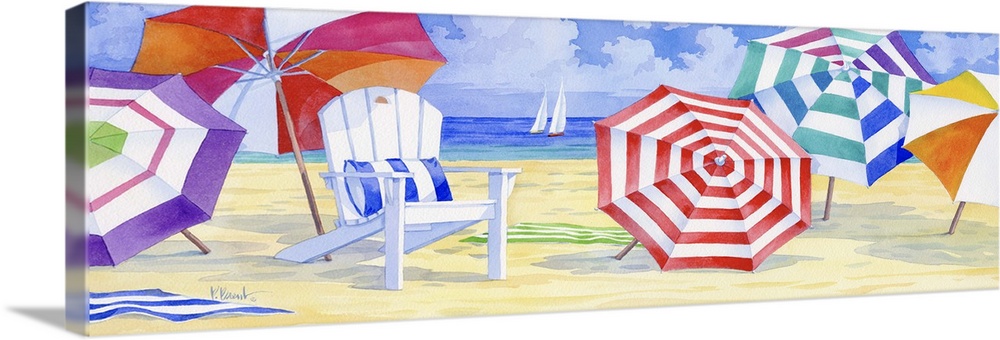 A beach chair surrounded by several colorful beach umbrellas.