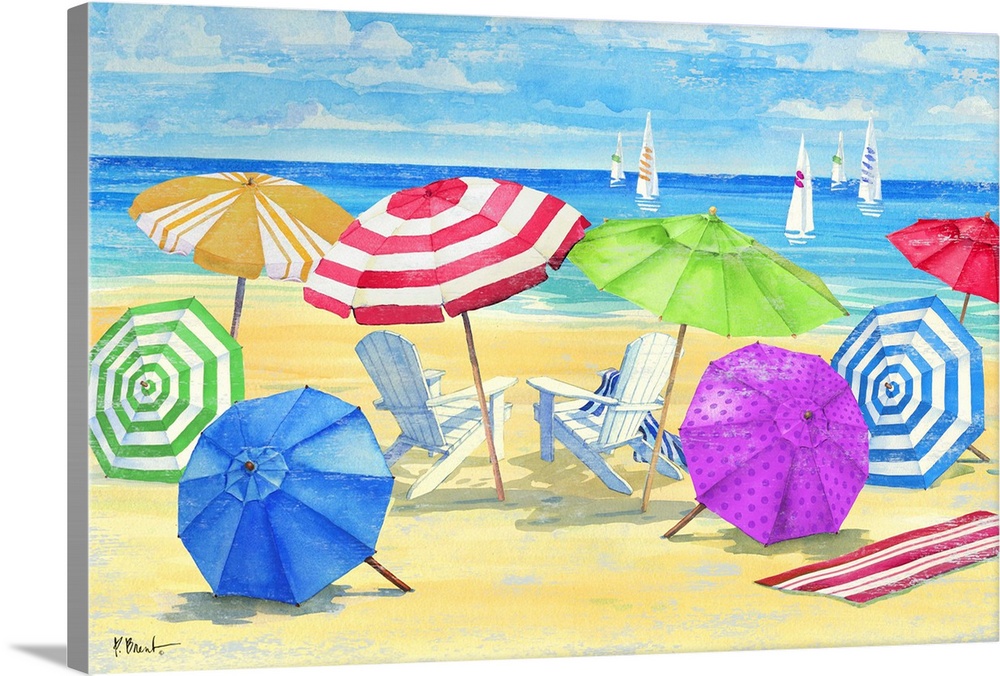 Large painting of a relaxing beach scene with beach chairs, umbrellas, and towels set up in the sand with sailboats floati...