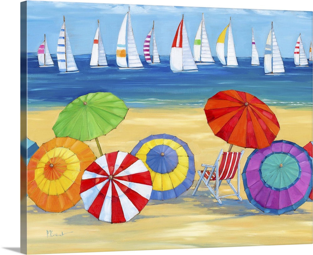 Contemporary painting of a beach scene with lots of sun umbrellas and a fleet of sailboats in the ocean.