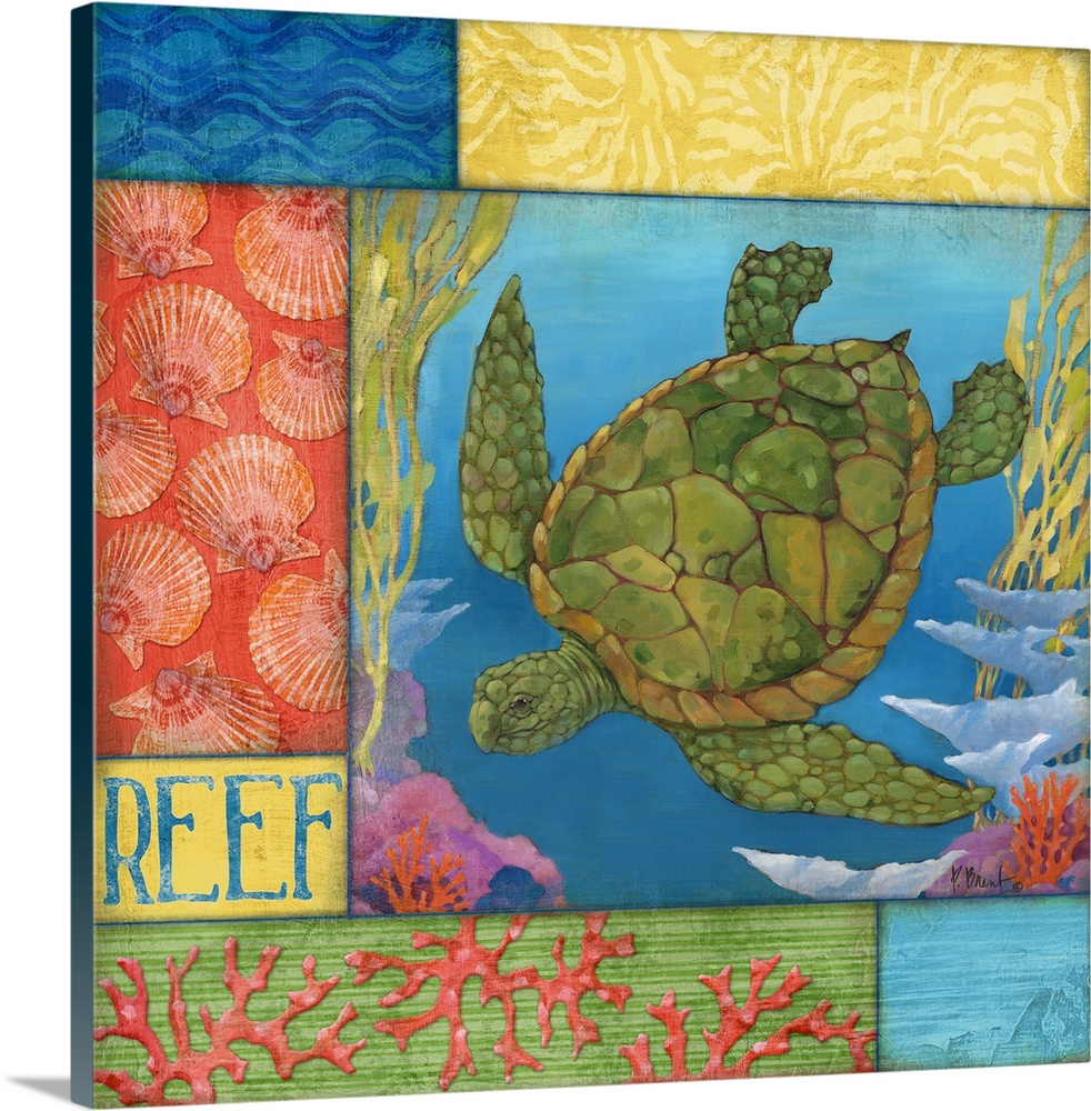 Contemporary painting of a sea turtle swimming in the ocean near coral, with sea-themed panels.