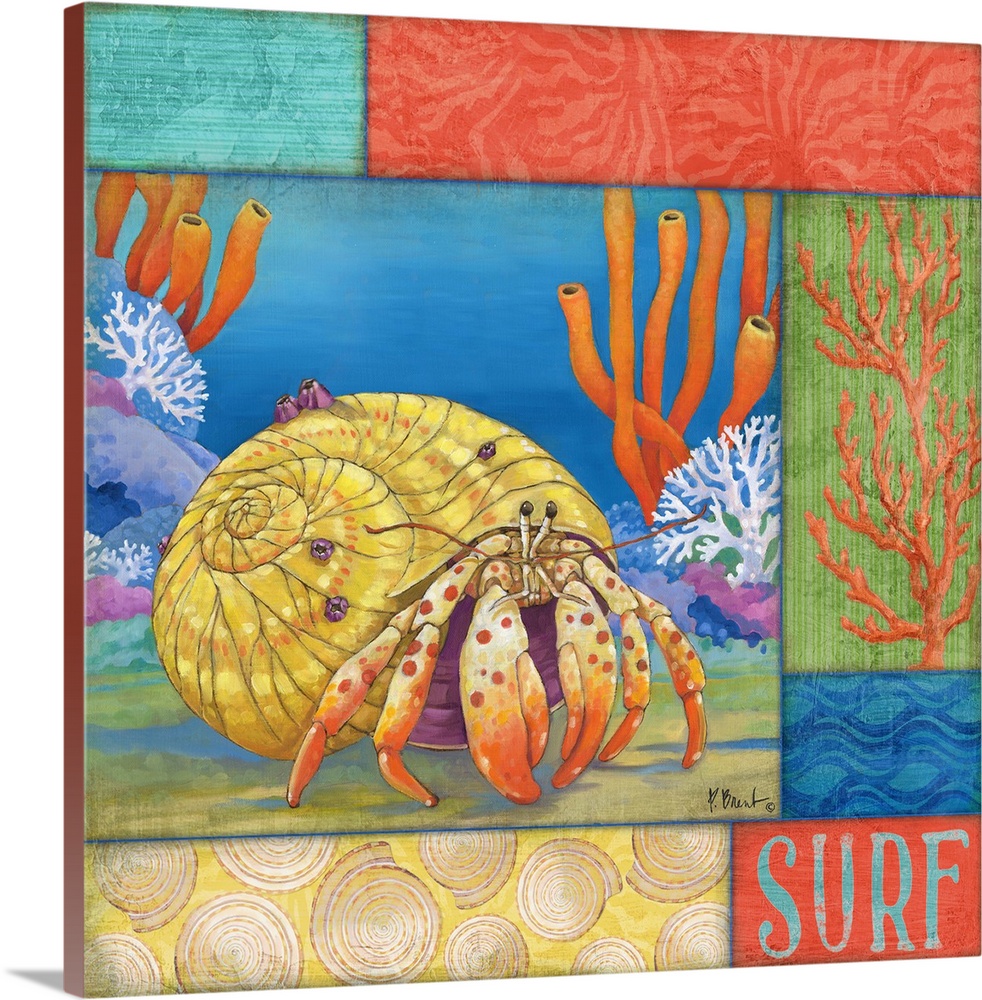 Contemporary painting of a hermit crab crawling in the ocean near coral, with sea-themed panels.