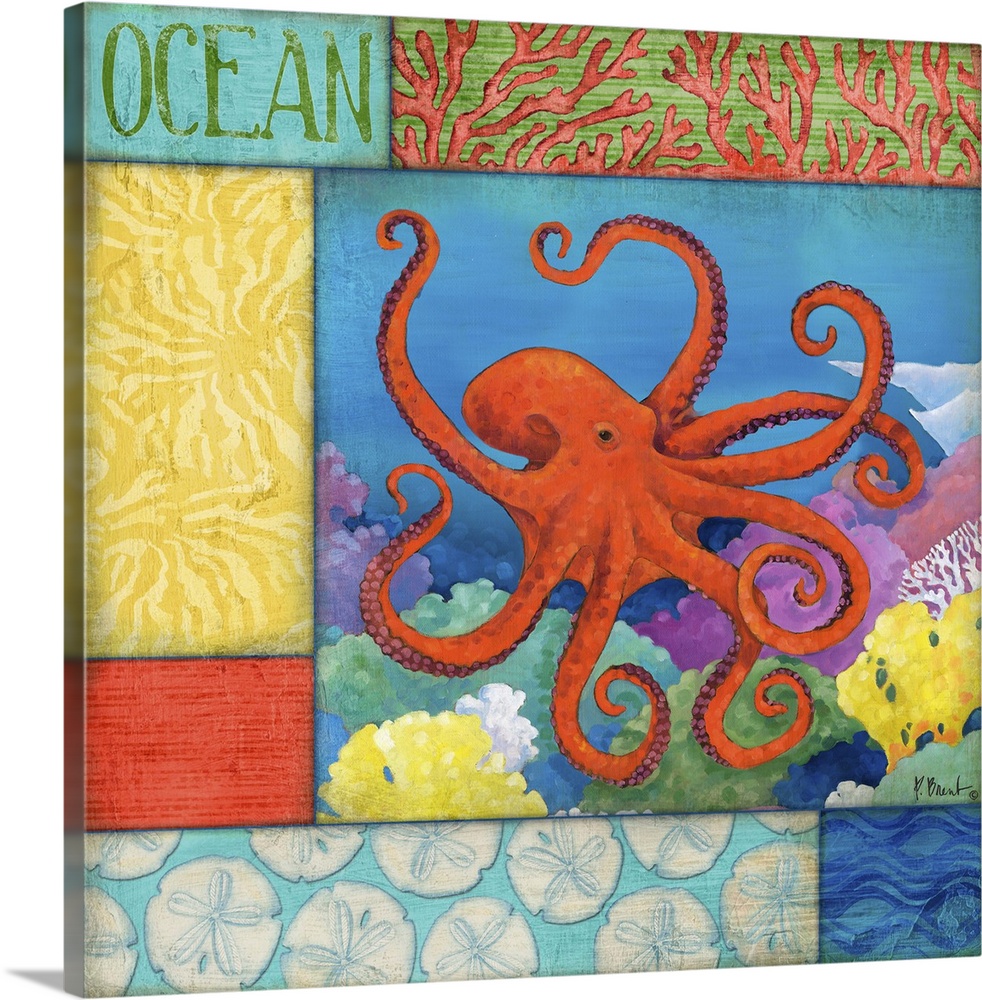Contemporary painting of an octopus swimming in the ocean near coral, with sea-themed panels.