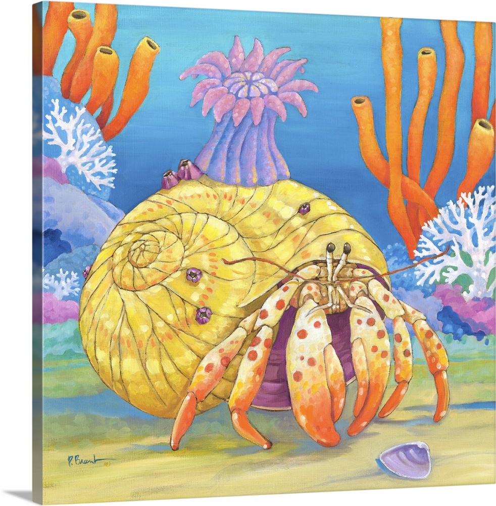 Contemporary painting of a hermit crab crawling in the ocean near coral.