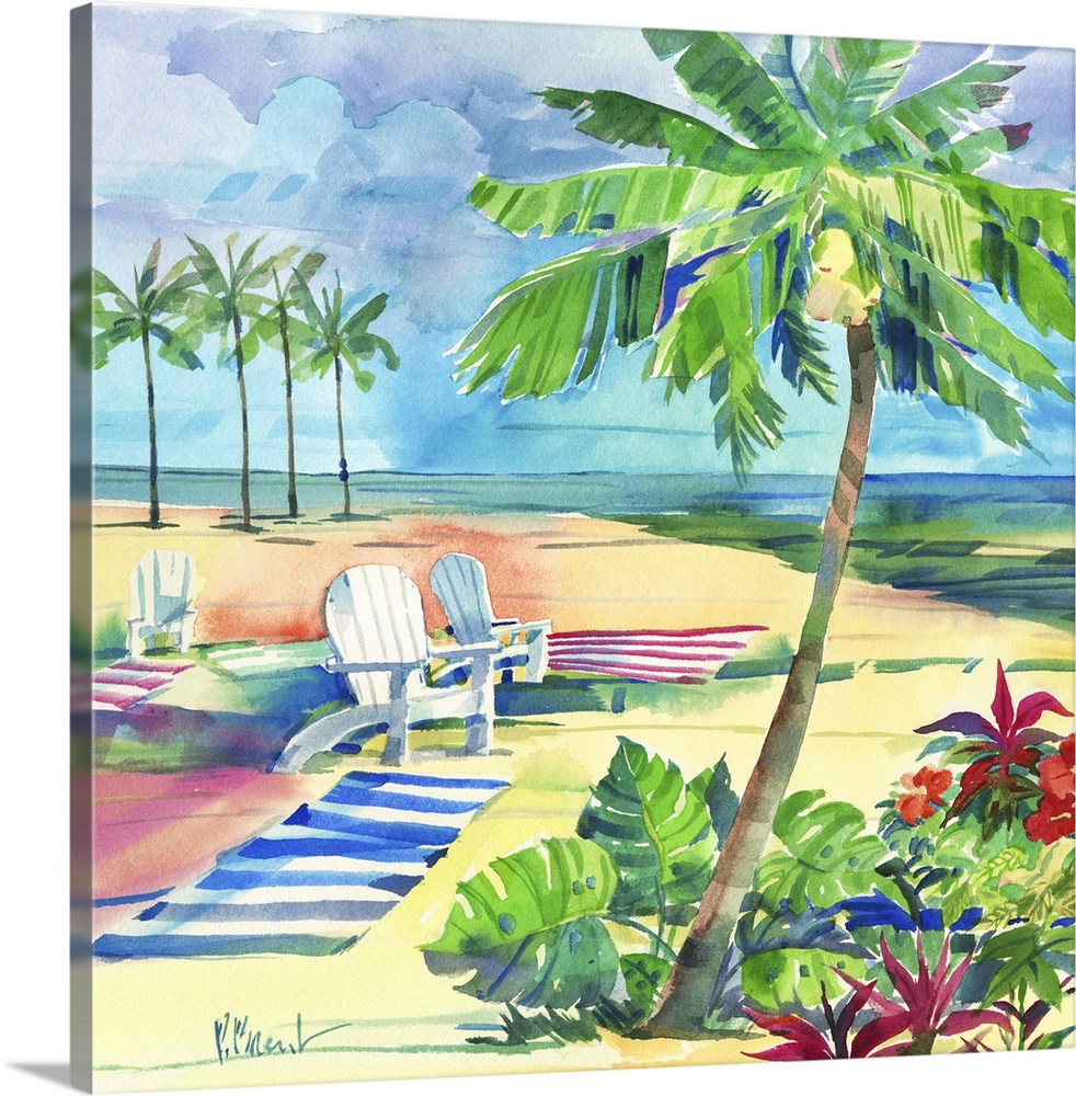 Square watercolor painting of a relaxing beach scene with beach chairs and towels set up in the sand with palm trees in th...