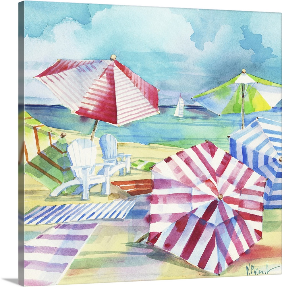 Square watercolor painting of a relaxing beach scene with beach towels, chairs, and umbrellas set up in the sand with the ...