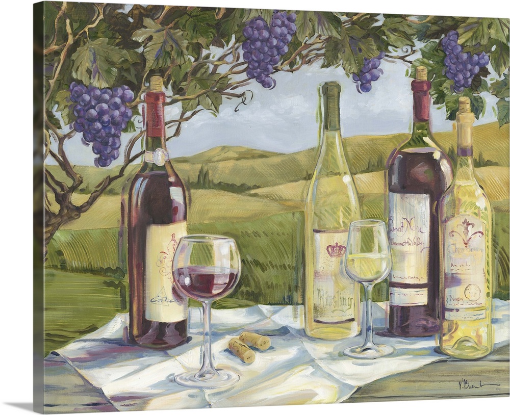 Still life painting of wine bottles and wine glasses under a grapevine in a vineyard.
