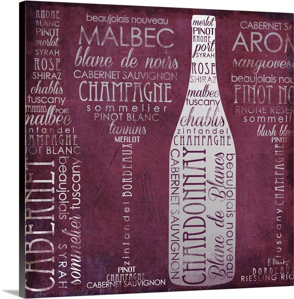 Typography artwork of wine-themed words arranged to from wine bottles and glasses.