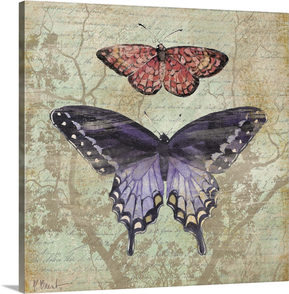 Square panel with two butterflies over handwritten text and silhouettes of branches, done in a vintage style.