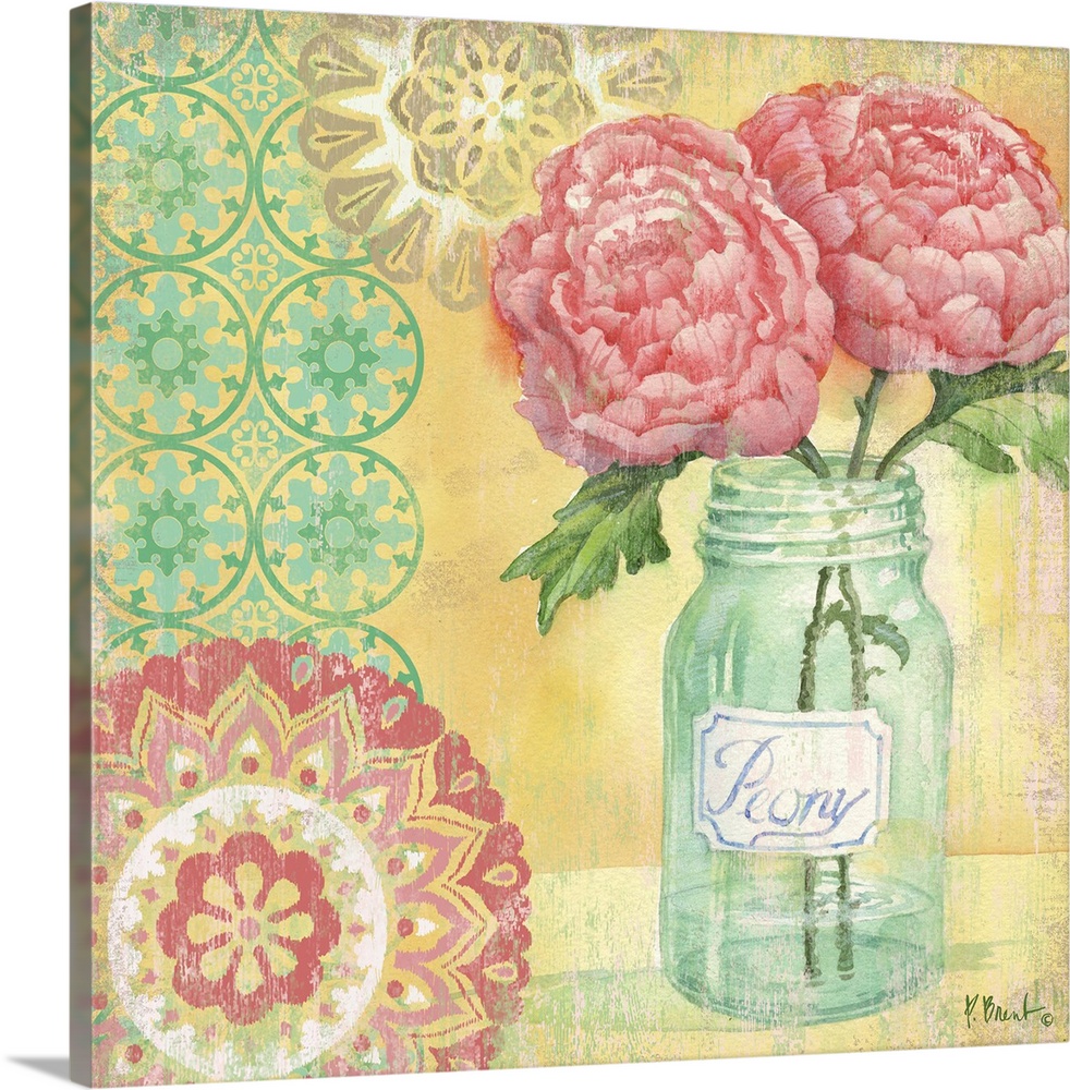 Contemporary decorative artwork of peonies in a mason jar with bright floral patterns.