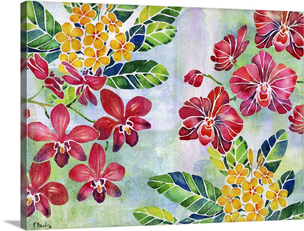 Contemporary painting of red and yellow flowers with green and blue leaves on a faded blue, green, and purple background.