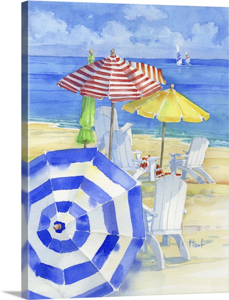 Watercolor painting of several adirondack chairs and colorful beach umbrellas on a sandy shore.