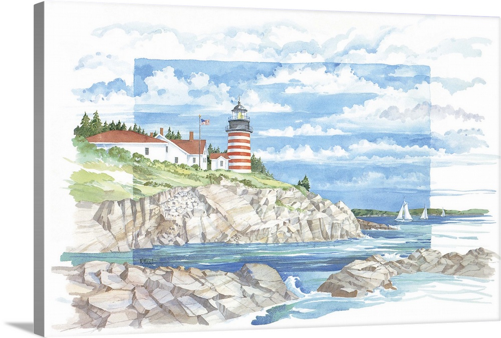 Watercolor painting of the West Quoddy Lighthouse on the New England coast of Lubec, Maine.