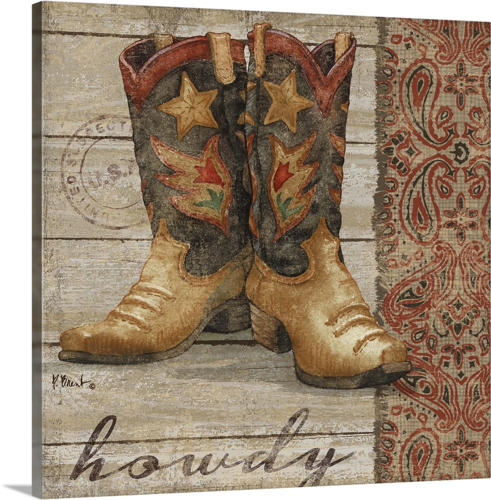 A pair of fancy leather cowboy boots on wood paneling.
