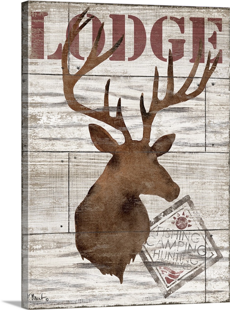 Contemporary decorative artwork of a deer silhouette with the word "lodge" on a textured wooden background.