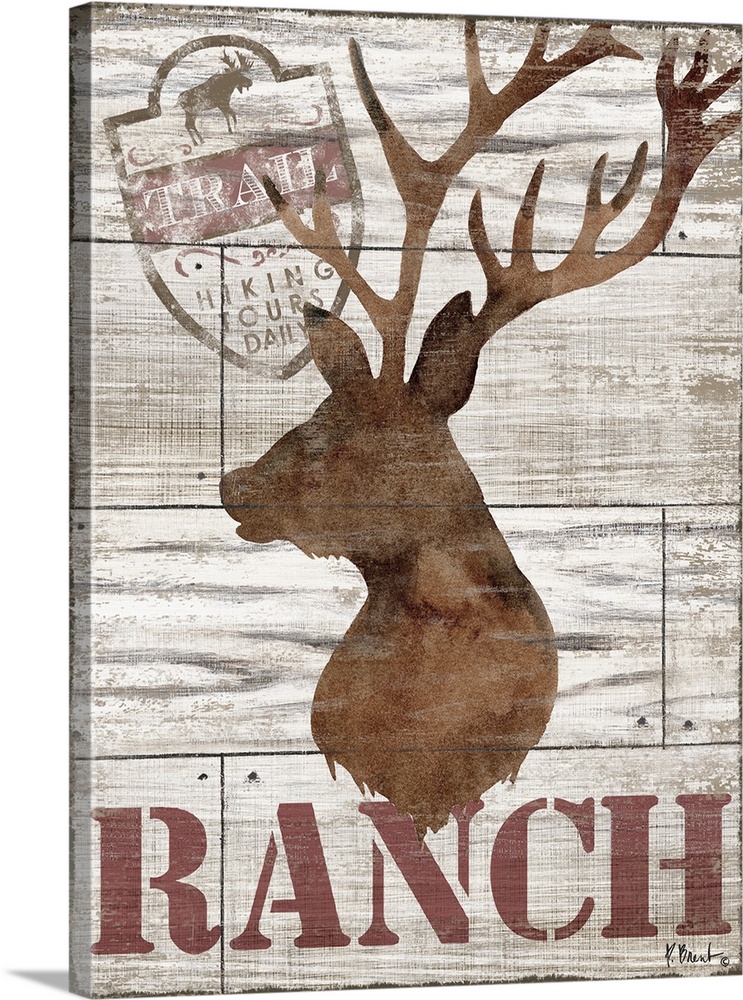 Contemporary decorative artwork of a deer silhouette with the word "ranch" on a textured wooden background.