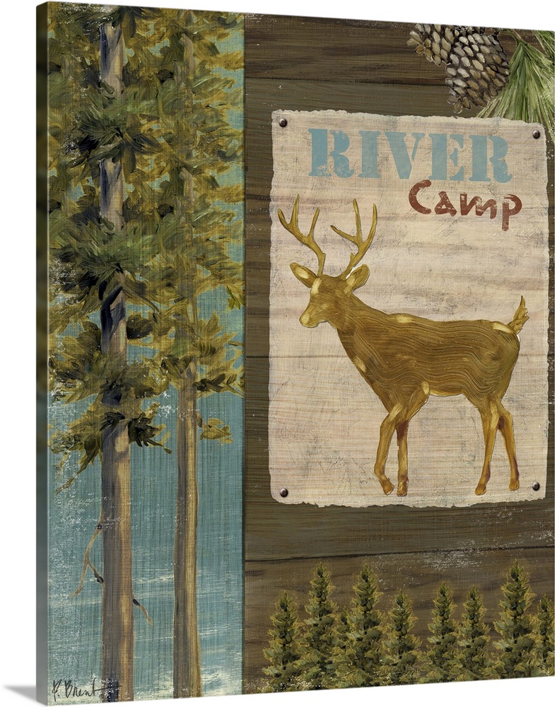 Decorative artwork of forest elements such as a sign with a deer, trees, and pinecones.