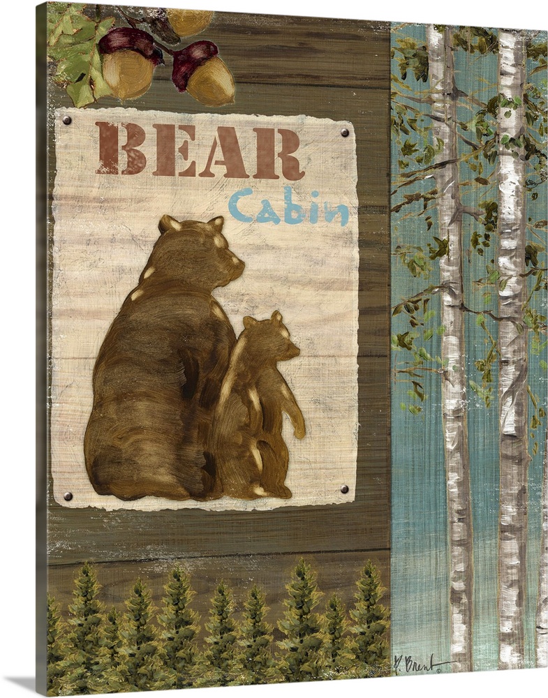Decorative artwork of forest elements such as a sign with bears, trees, and acorns.