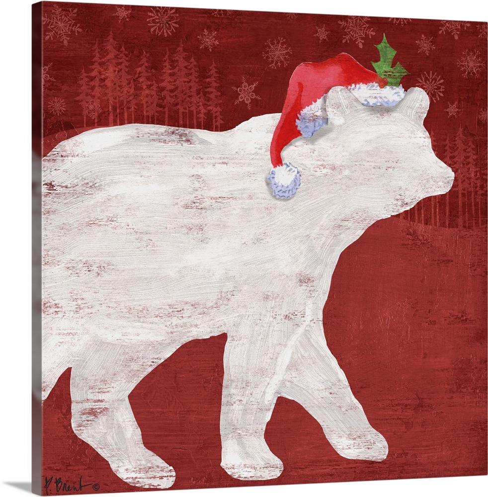 White silhouette of a bear wearing a Santa hat on a red forest backdrop.