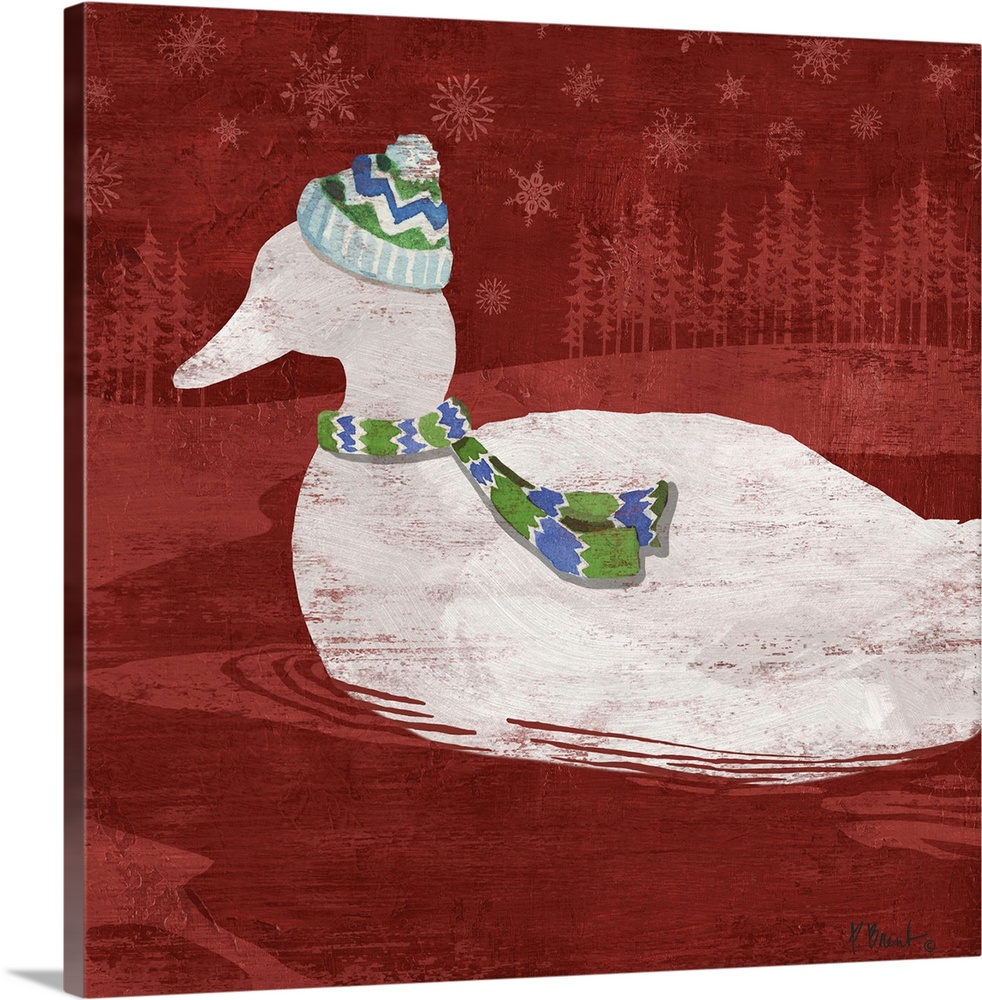 White silhouette of a duck wearing a hat and scarf on a red forest backdrop.