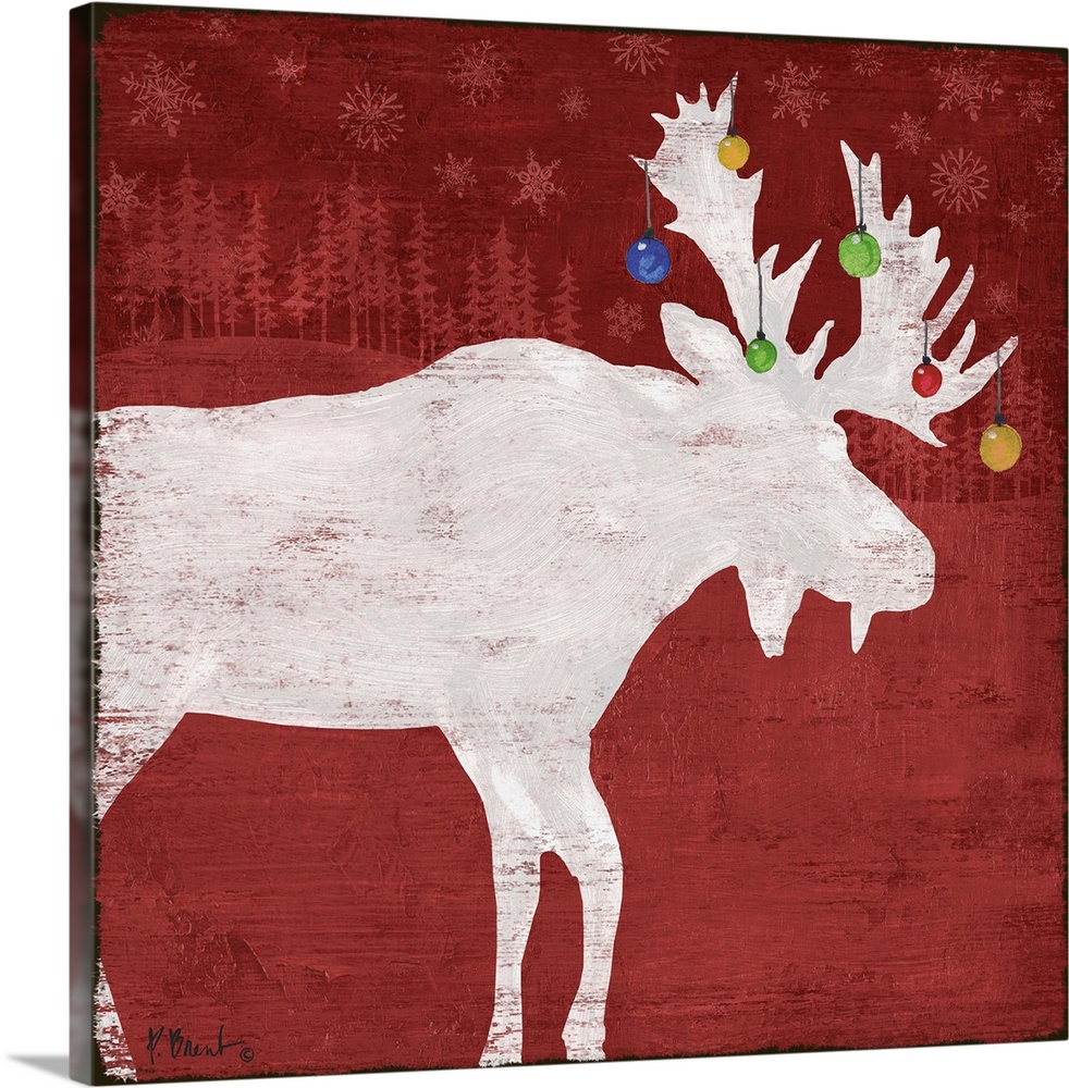 White silhouette of a moose with ornaments on its antlers on a red forest backdrop.