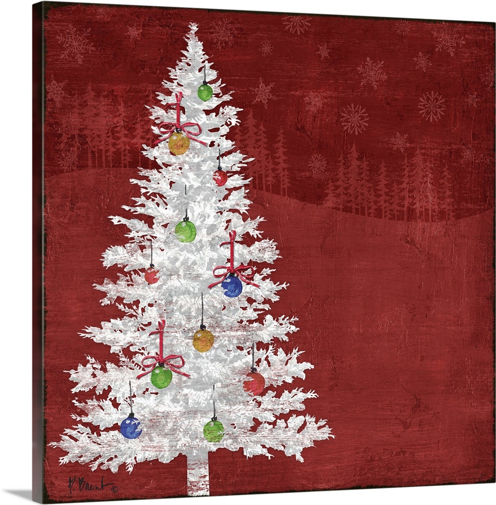 Artwork of a white tree decorated with Christmas Ornaments on a red background.