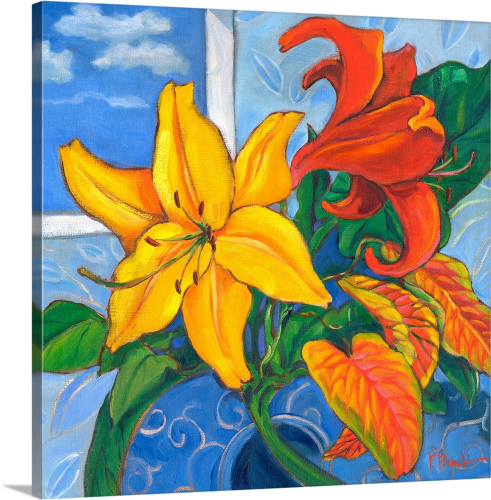 Still life painting of an arrangement of lilies and leaves.