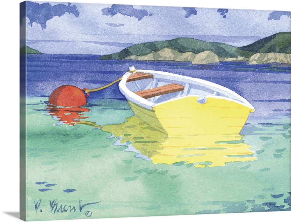 Contemporary painting of a single yellow rowboat tied to a buoy in the water.