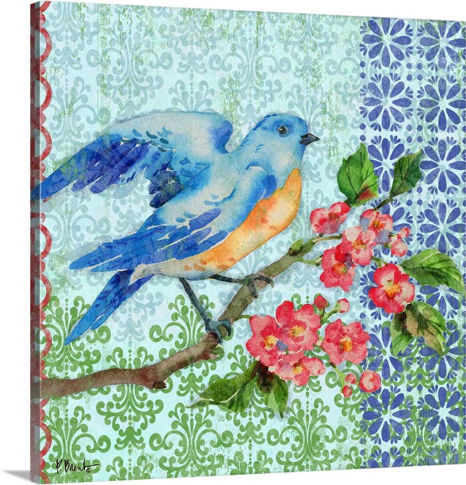 Square painting of a bluebird perched on a branch with pink flowers and green leaves on a patterned background made with b...