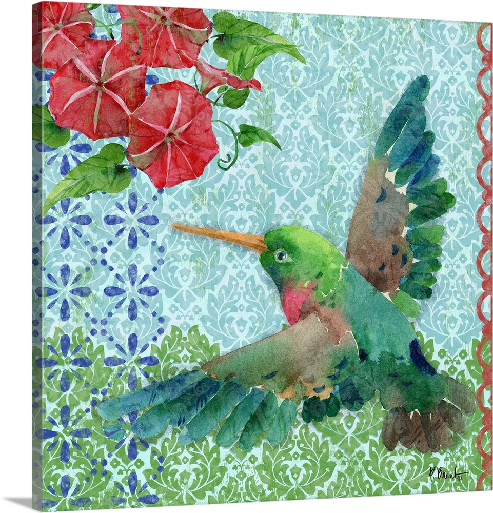 Square watercolor painting of a hummingbird in flight going towards pink flowers on a blue and green patterned background.