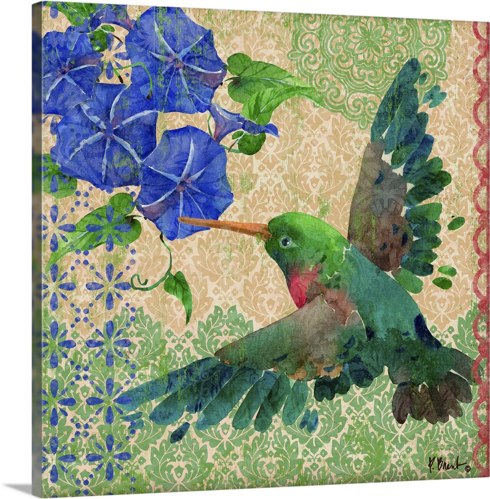 Watercolor artwork of a hummingbird with morning glories and vintage patterns.