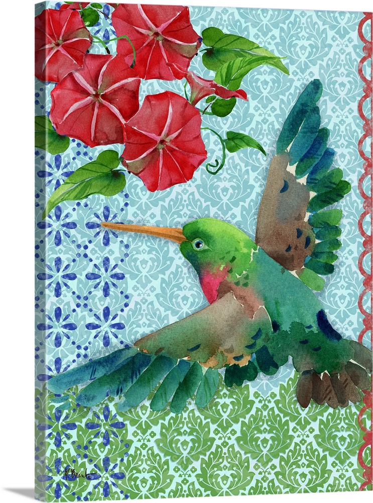 Watercolor painting of a hummingbird in flight with red flowers in the top corner on a blue and green patterned background.