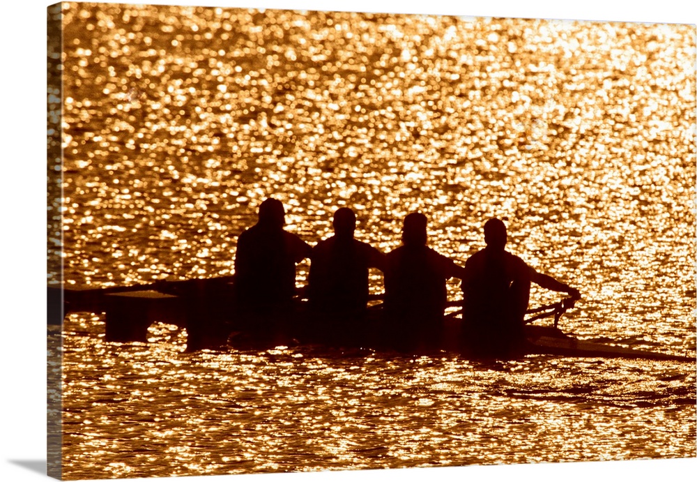 Silhouette of men's fours rowing team in action.