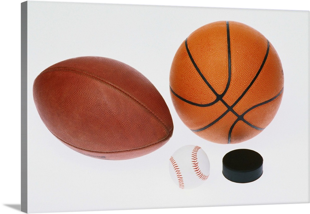Sports equipment: football, baseball, basketball, hockey puck,