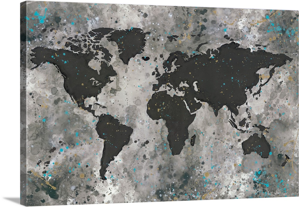 Black and white world map with small pops of turquoise blue, with a textured, weathered effect.
