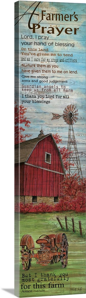 A farming themed prayer over an illustration of a red barn and windmill on a farm.