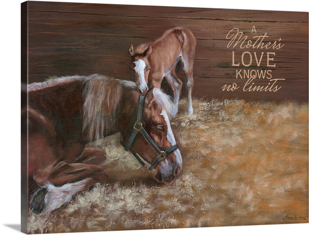 Painting of a mare and her young foal nuzzling in a stable.