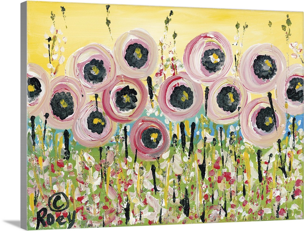 Horizontal abstract painting of a field of flowers in textured colors of pink, green and yellow.