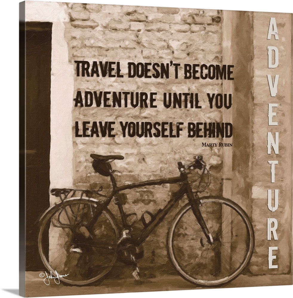 Inspirational text against a sepia toned photograph of a bicycle leaning against a wall.