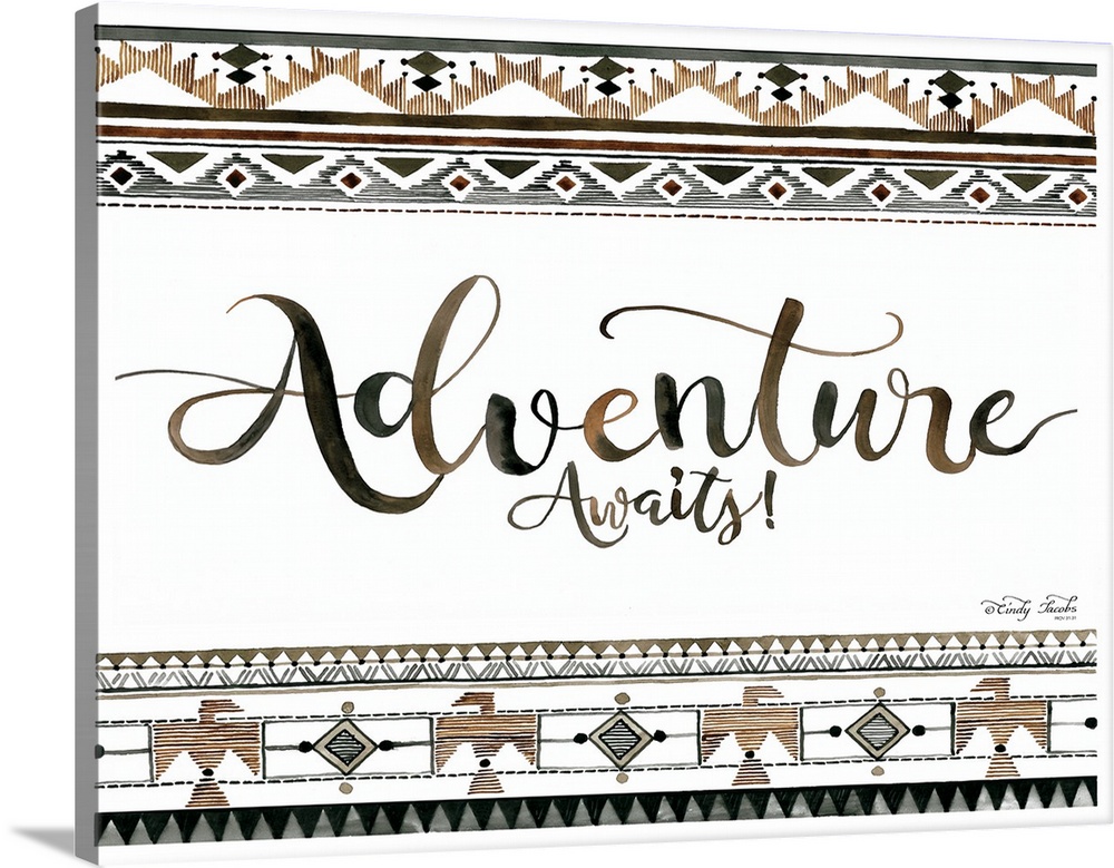 Decorative artwork featuring geometric southwestern designs and the words: Adventure Awaits!
